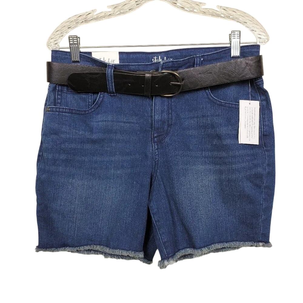 Style & Co Belted Denim Shorts Blue Dark Wash Women Size 6 Mid Rise Raw Hem NWT